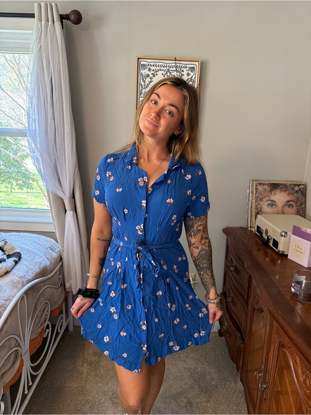 American Eagle Outfitters Blue Mini Dress with Pink Floral Print